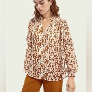 SCOTCH & SODA Geometric Printed Sheer Ruffle Trim Blouse Top Size XS